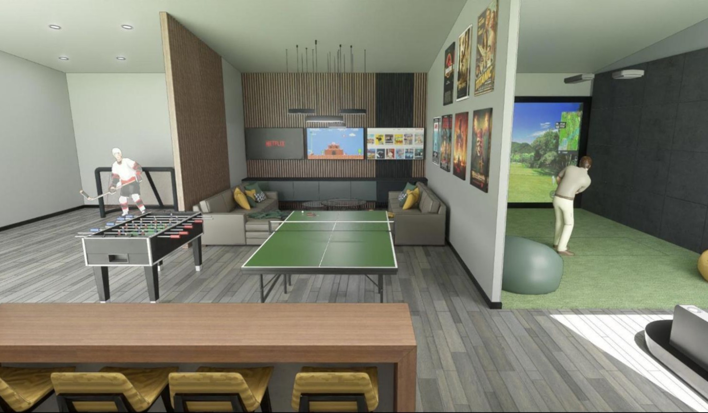 a sport court with seperate area for hockey, lounging, and golf
