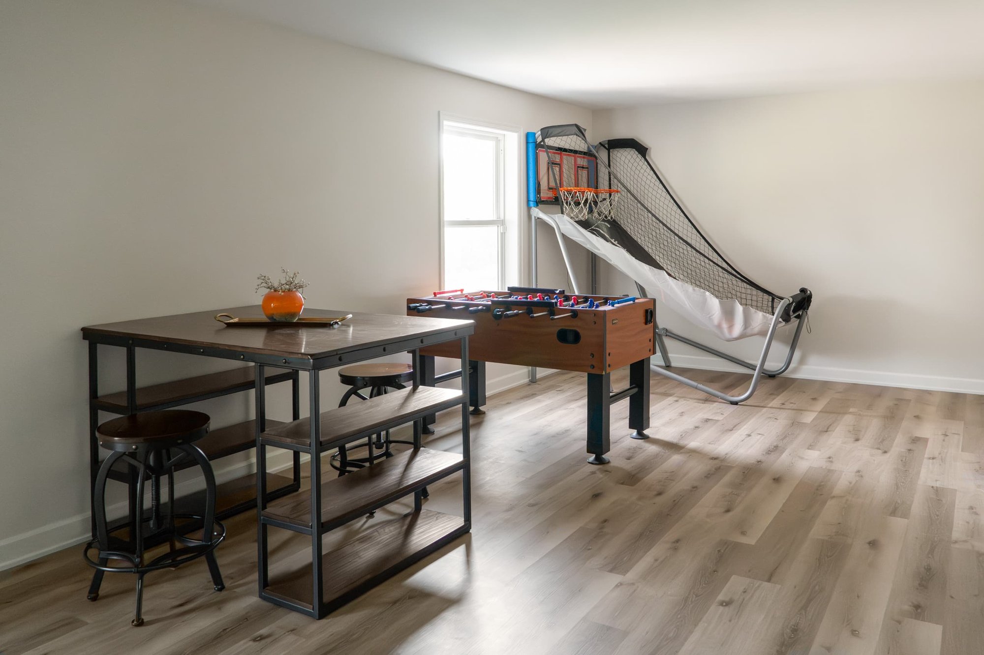 a gaming area in a basment