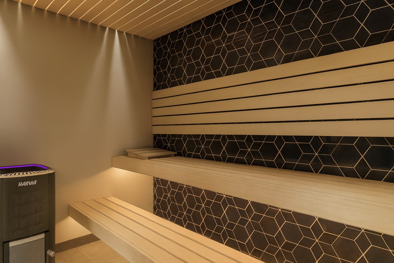 render of a sauna inside a wellness area